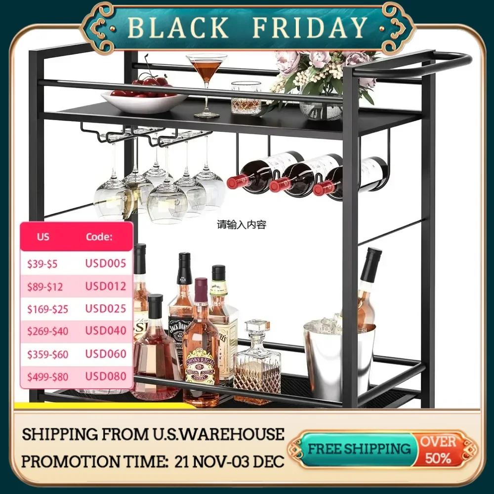 Bar trolley, bar service trolley with storage rack, 2-tier rolling trolley with wheels, wine trolley with wine rack