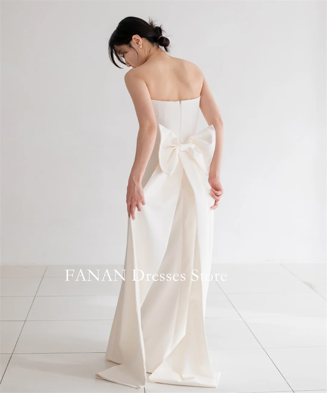 

FANAN Korea Strapless Sleeveless Wedding Dresses 웨딩드레스 Ivory Vintage A-Line with Bow Satin Custom Made Bride Gowns Plus Size