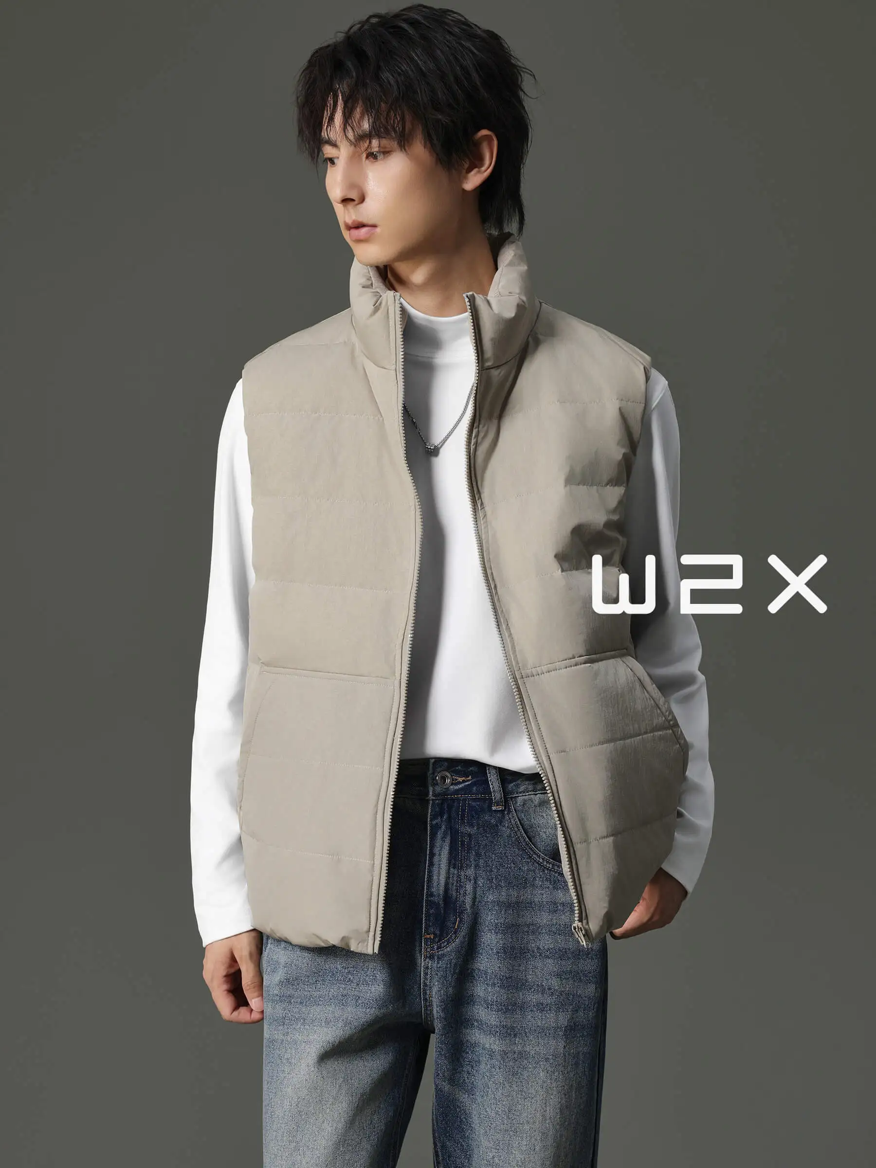 

W2X Men's down Vest White Du down Svel Stand Collar Outdoor Wear Autumn Winter New Sle Quilted Jaet Polyester Fiber