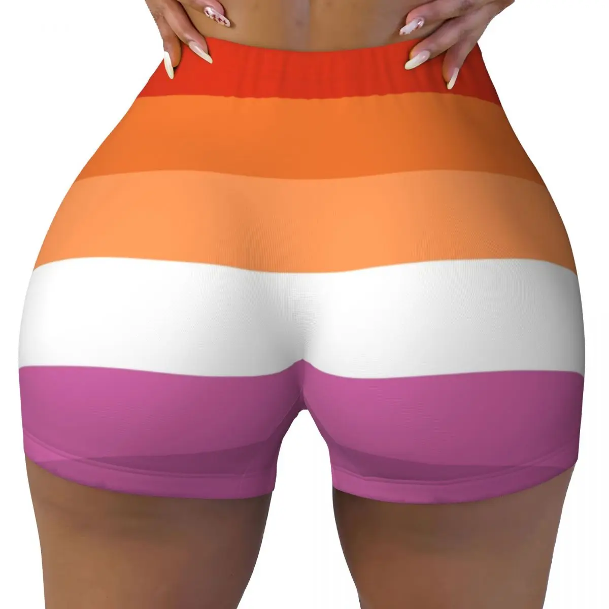 Custom Orange Magenta Lines Lesbian Pride Flag Workout Shorts Women's LGBT Gay Pride Gym Volleyball Biker Yoga Shorts