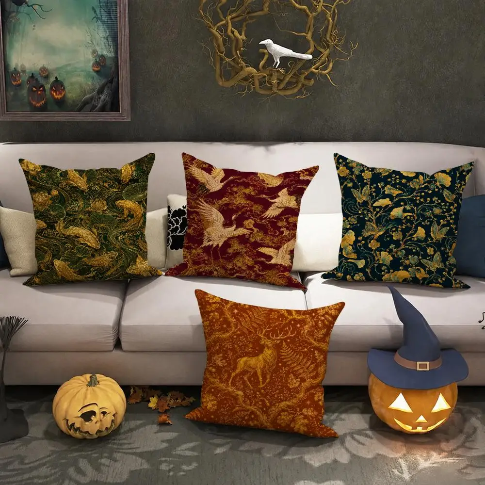 Oriental Vintage Cushion Decor Cushion Cover Halloween Rustic Throw Pillow Covers, Cute Ghost Pumpkin Maple Leaf Cushion Covers