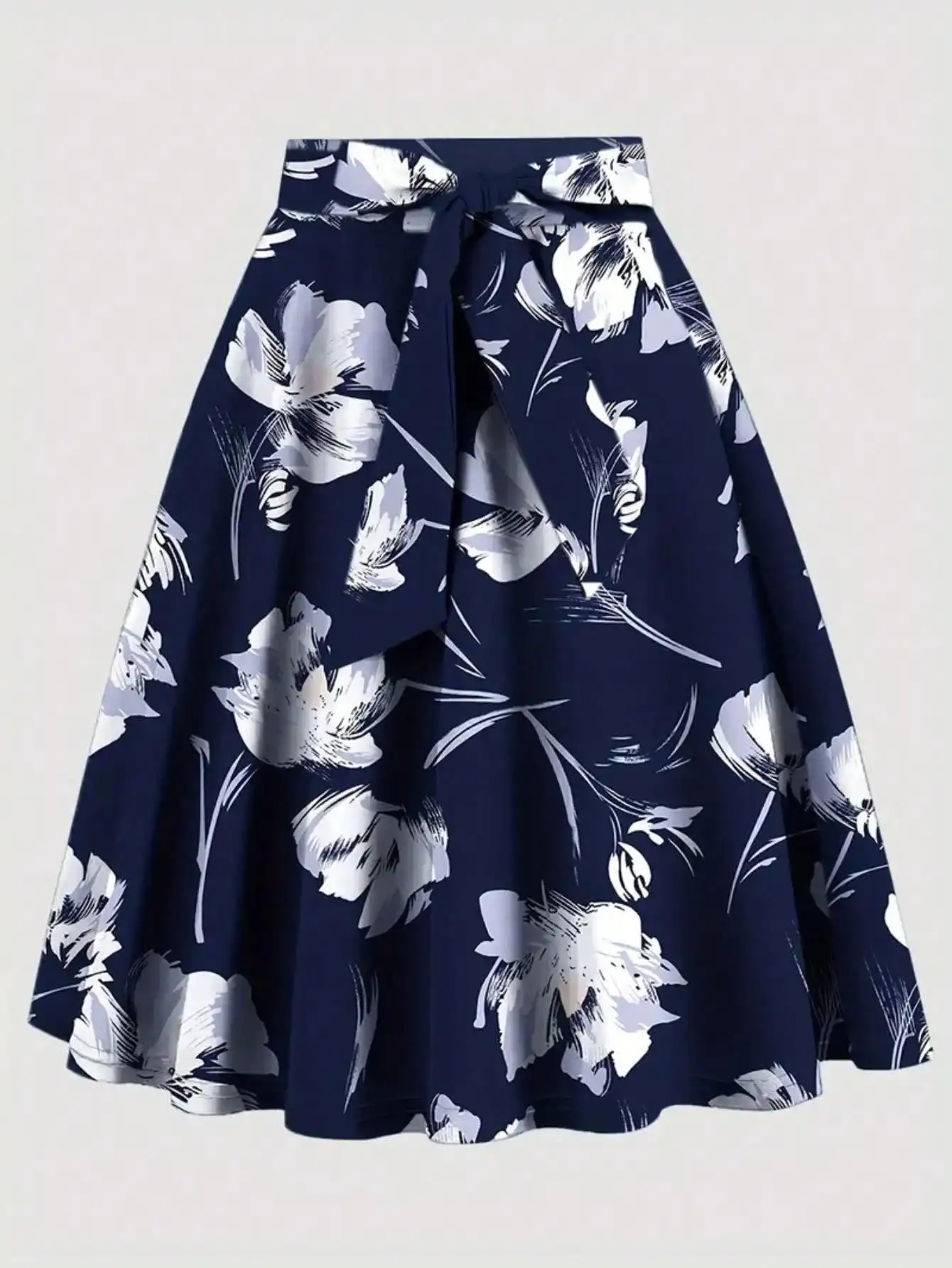

Женская юбка миди А-силуэта с цветочным принтом, завышенной талией и завязками на талии