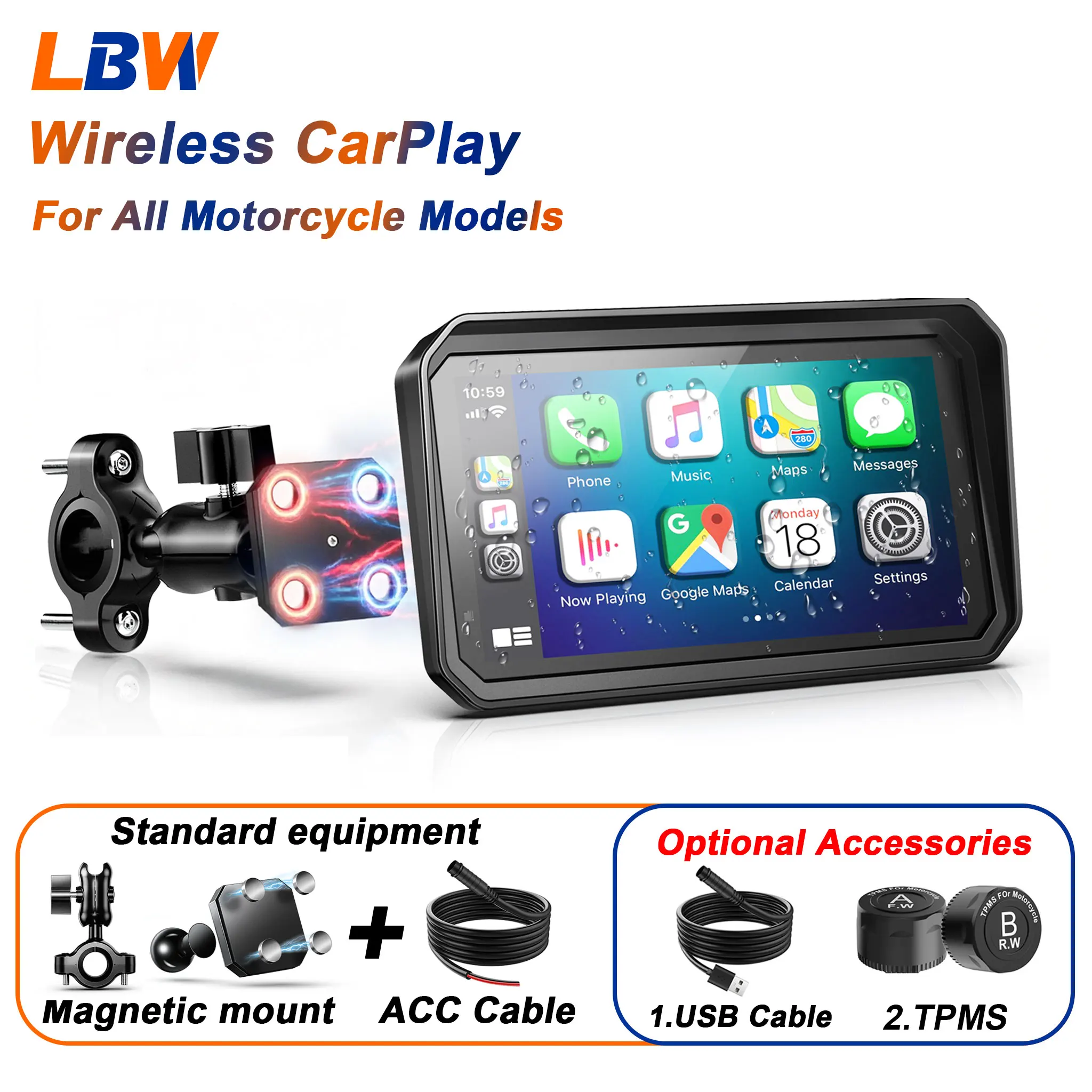 LBW 6-Inch Wireless CarPlay Android Auto For Moto (Navigation) Optional USB Power Cable/TPMS For All Motorcycle Models
