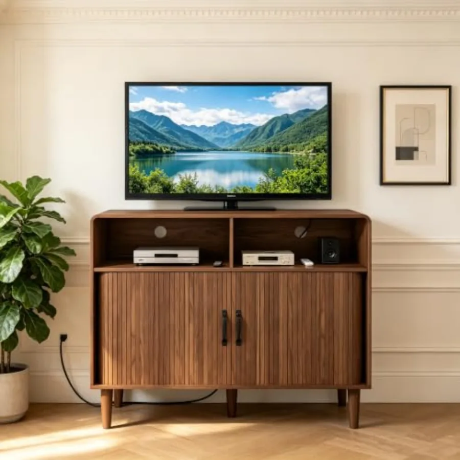 Fluted TV Stand with Storage Cabinets Media Console Table for Bedroom: MDF wood, walnut brown, sleek vertical groove design and