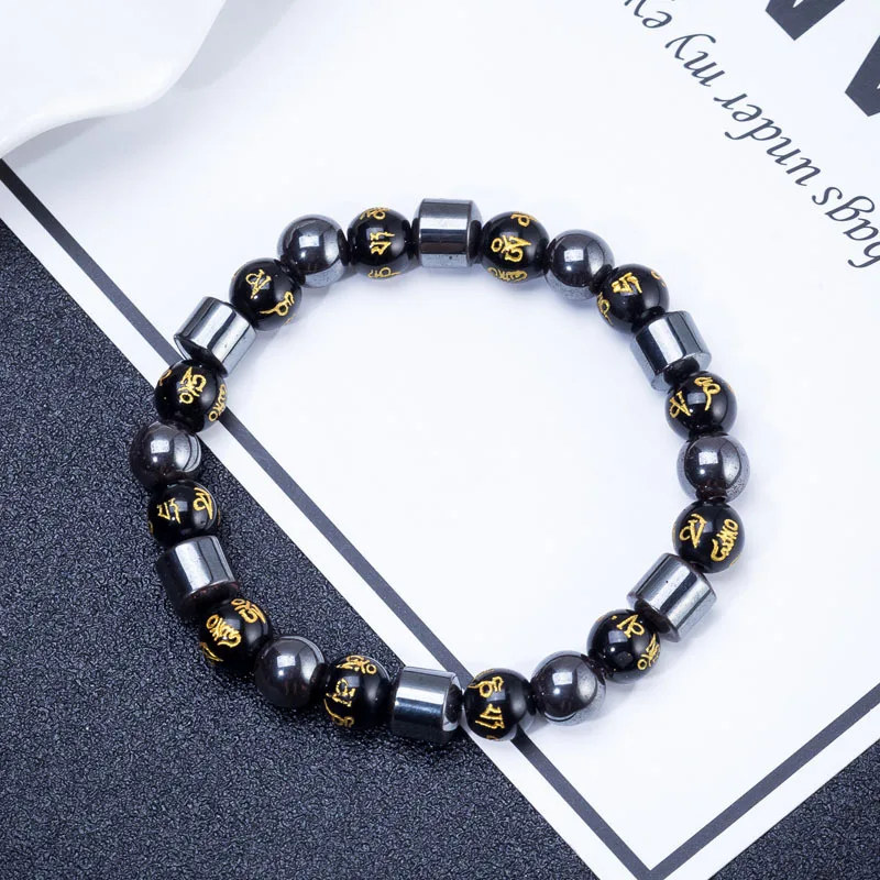 Natural Stone Black Agate Hematite Obsidian Beads Bracelet Men Elastic Rope Beaded Bracelets Triple Protection Jewelry