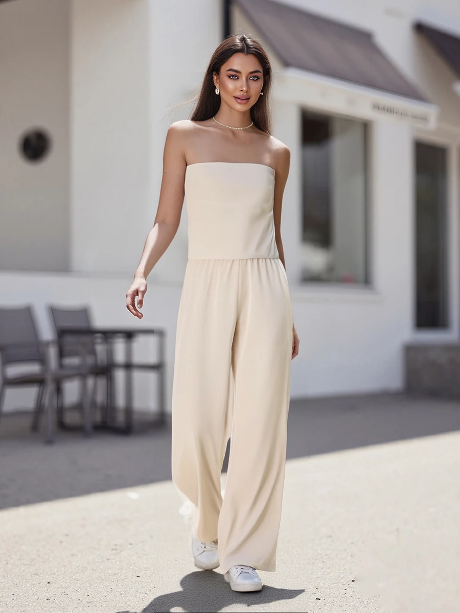 Women Pants Set, Strapless Backless Tube Top with Pants Solid/Zebra Print Summer Outfit