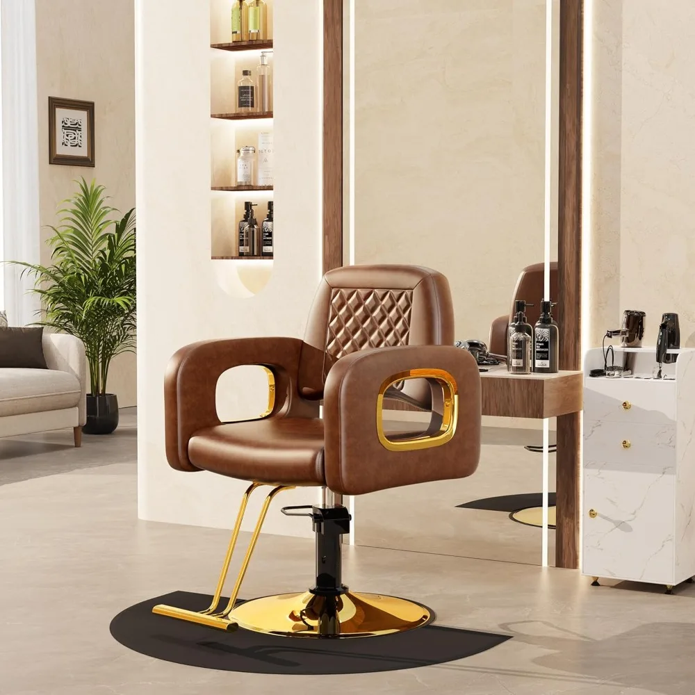 

Коричневые и золотые стулья для парикмахерских с улучшенными удобными подушками и 360° ° Функция поворота; Профессиональные стулья для парикмахерских