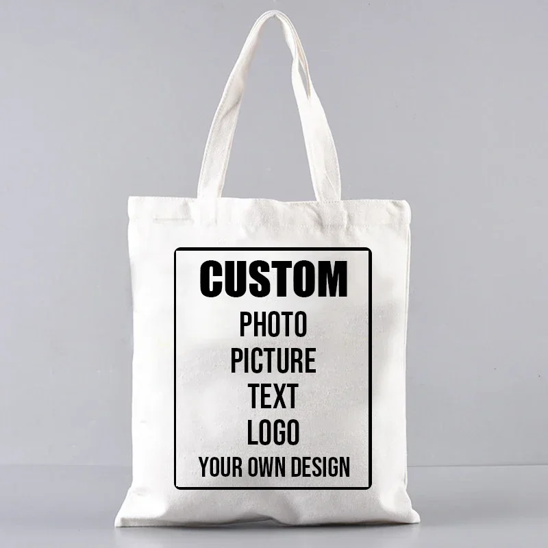 Custom Photo Picture Text Logo Tote Bag DIY Design Reusable Canvas Shopping Bag Handbag Side Bags for Ladies Low Price Wholesale