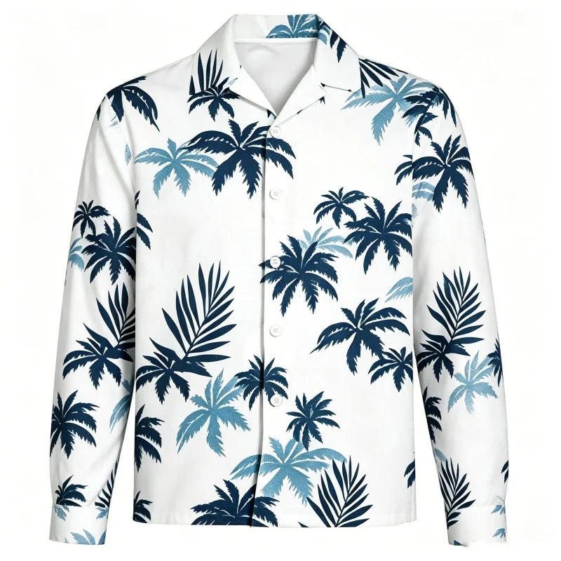 Camisas Hawaianas de Manga Larga para Hombre, Estampado Tropical de Palmeras, Cuello Solapa, Holgadas, Casuales, para Vacaciones en la Playa, Uso Diario, Transpirables