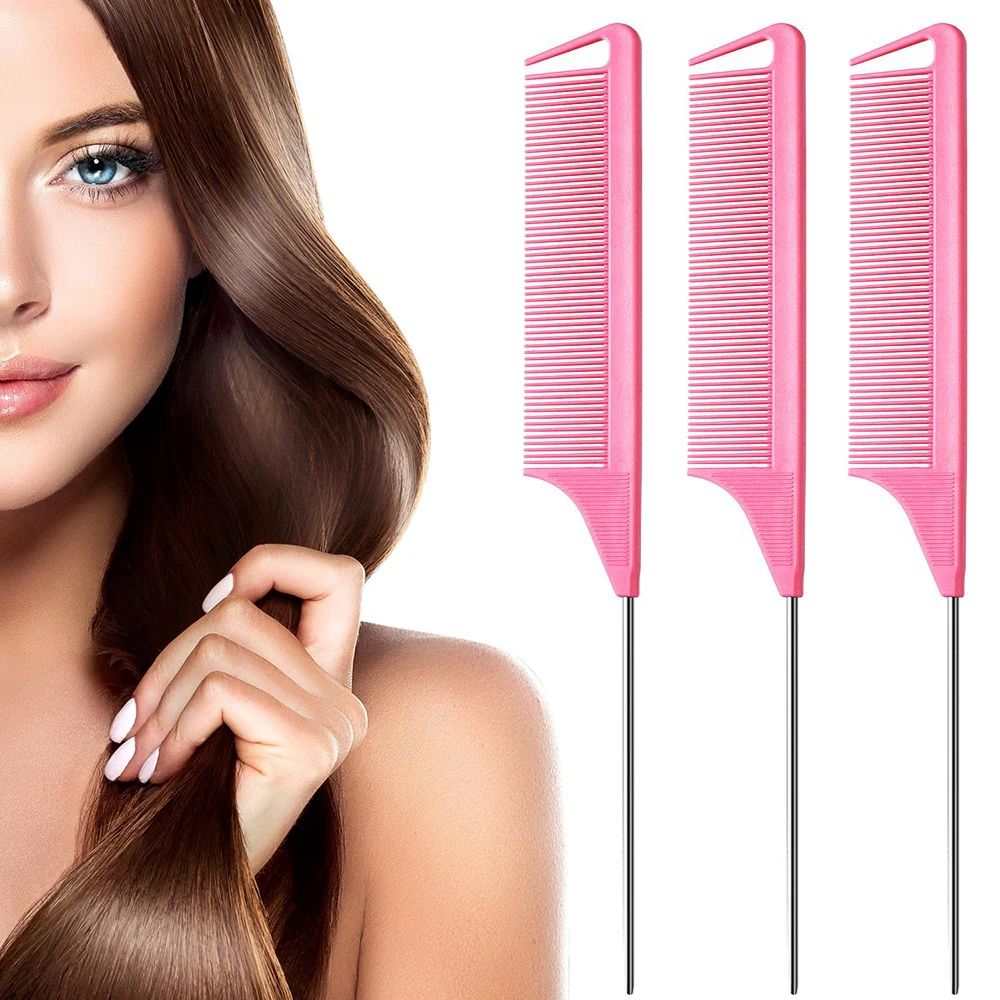 3 قطع من مشط ذيل الحصان الاحترافي ذو الذيل المدبب، مشط شعر صبغ من الفولاذ المقاوم للصدأ مضاد للكهرباء الساكنة خاص للشعر المستعار الحقيقي #6