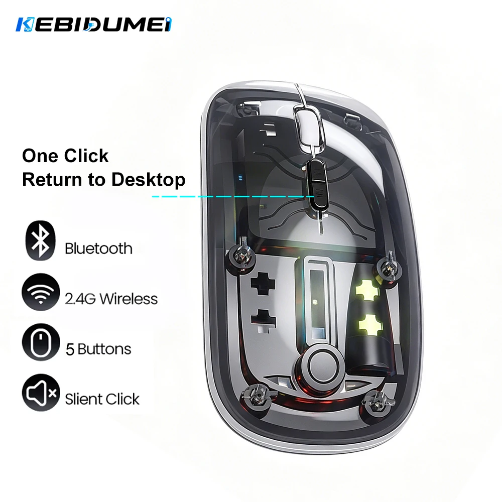 KEBIDUMEI Transparente 2,4-G-Funkmaus, One-Click-Maus mit Rückkehr zum Desktop, Bluetooth-Maus, 5 Stummschalttasten, Maus für PC, Laptop, MacBook