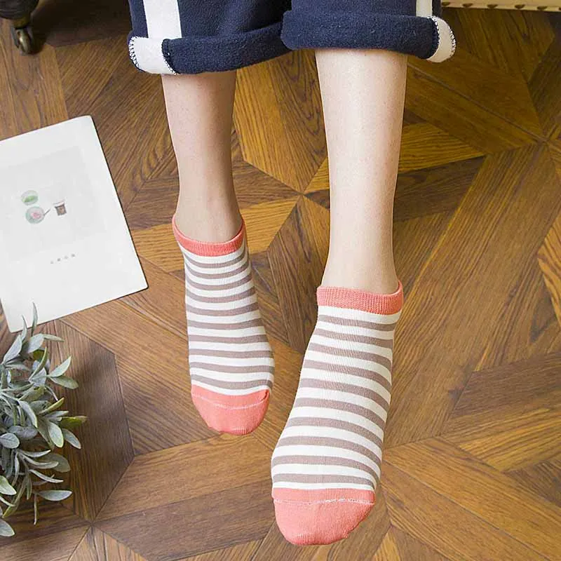 5 Pairs Spring Summer Women Socks Solid Colors Stripe Breathable Cotton Short Socks Female Funny School Girls Casual Ankle Socks