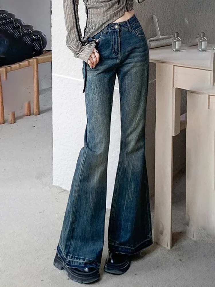 American Vintage chique flare jeans solto feminino, jeans casual, comprimento total clássico, moda simples, lavado, cintura alta, verão, novo