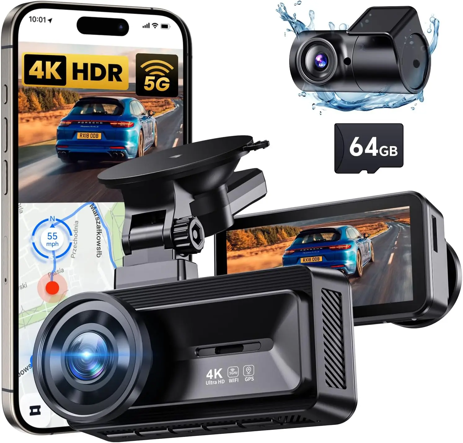 

4K+1080P Dual Dash Cam with 5G WiFi, GPS, Night Vision, Parking Mode, Loop Recording, Free 64GB Card