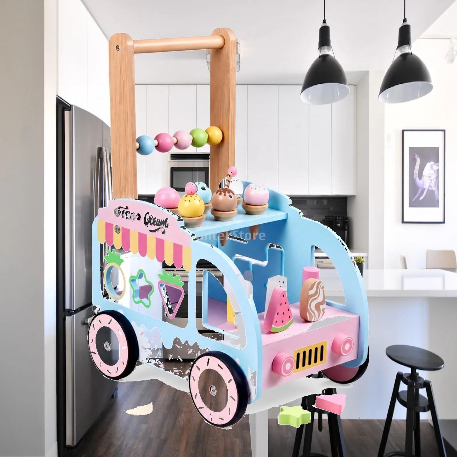Dessert Vehicle Pusher Interactive Wooden Infant Push Pusher Multi-Functional Push Toy with Bead Maze for Young Children,