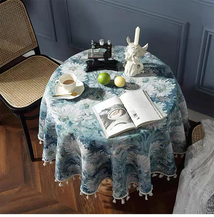 Yarn-dyed Large Blue Floral Tassel Table Cloth American Style Oil Painting Household Circular Tablecloth Tea Table Cover Towel