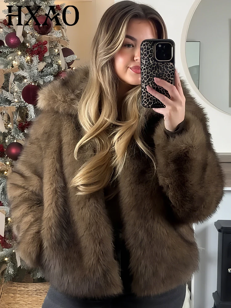 

HXAO 2024 Woman Autumn Winter Faux Fur Coat Plush Fluffy Women's Jacket New in Outerwears White Red Gray Black Wool Blends Coats