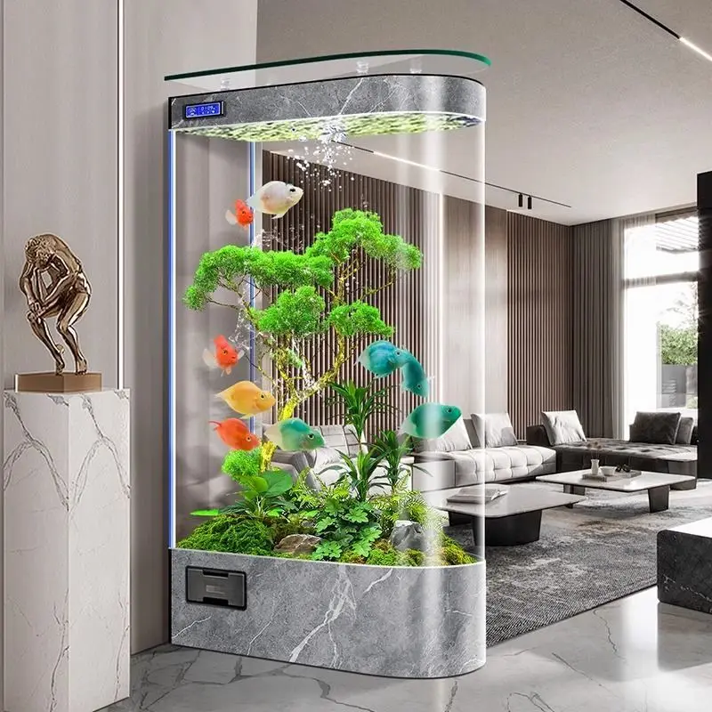 

New living room household glass fish tank aquarium entrance screen partition bullet goldfish tank silk flower