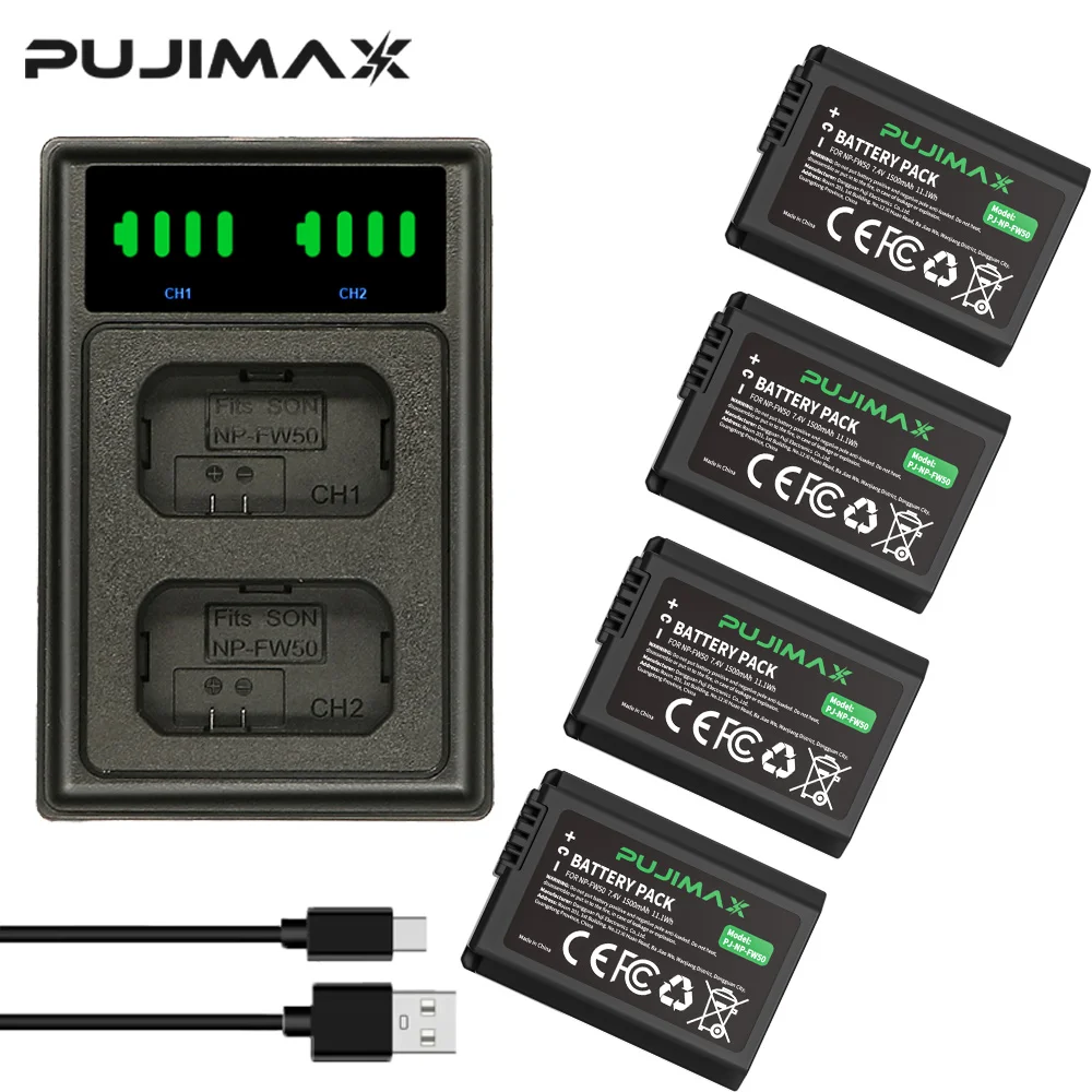 

PUJIMAX 1500mAh NP-FW50 NP FW50 Battery + LED USB Dual Charger for Sony A6000 A6400 A6300 A6500 A7 A7II A7RII A7SII A7S A7S2 A7R