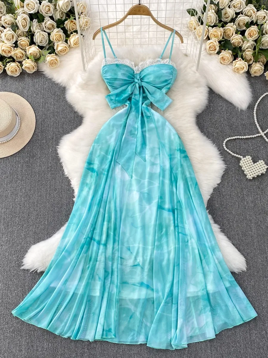 Foamlina Lake Blue Strand-Urlaubskleid für Damen, Sommer, wunderschöne sexy Spitze, Neckholder, Krawatte, Taille, Fee, Maxi, lange Urlaubskleider