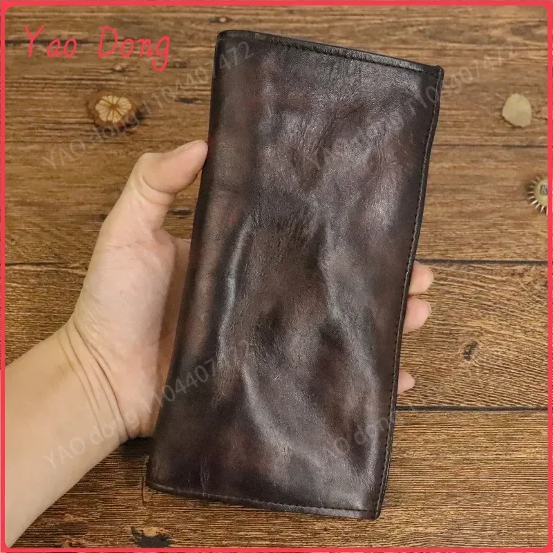 Yao Dong Vintage Wallet Top Layer Cowhide Vegetable Tanned Leather Handmade Old Fold Long Wallet Men's Multi Card Wallet Handhel