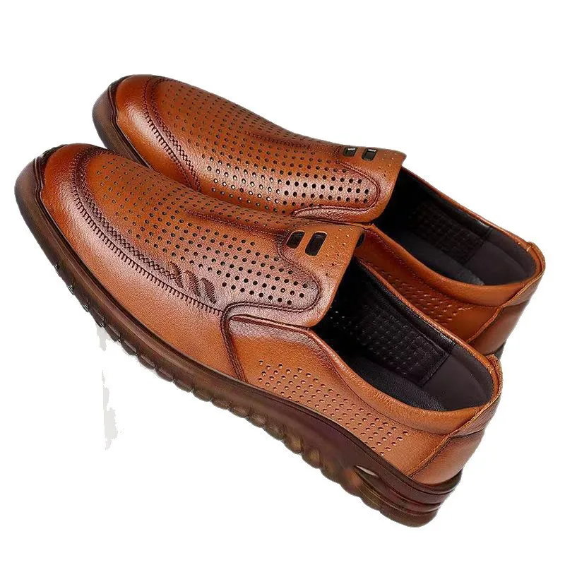 Men Casual Leather Loafers Breathable Hollow Out Slip on Shoes Soft Non Slip Rubber Sole Daily Business Commute Walking Footwear