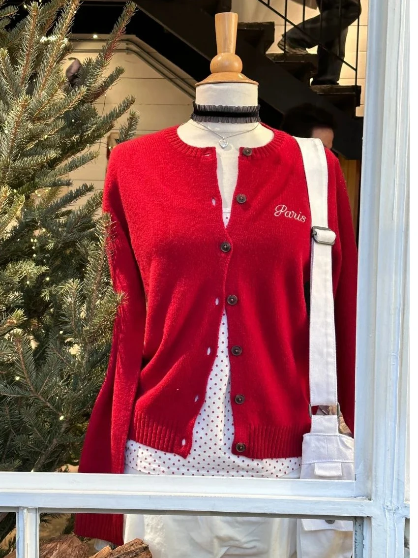

Letter Embroidery Red Sweater Cardigan O-Neck Long Sleeve Single Breasted Cotton Knitwear Spring Casual Sweet Sweaters Coat Y2k