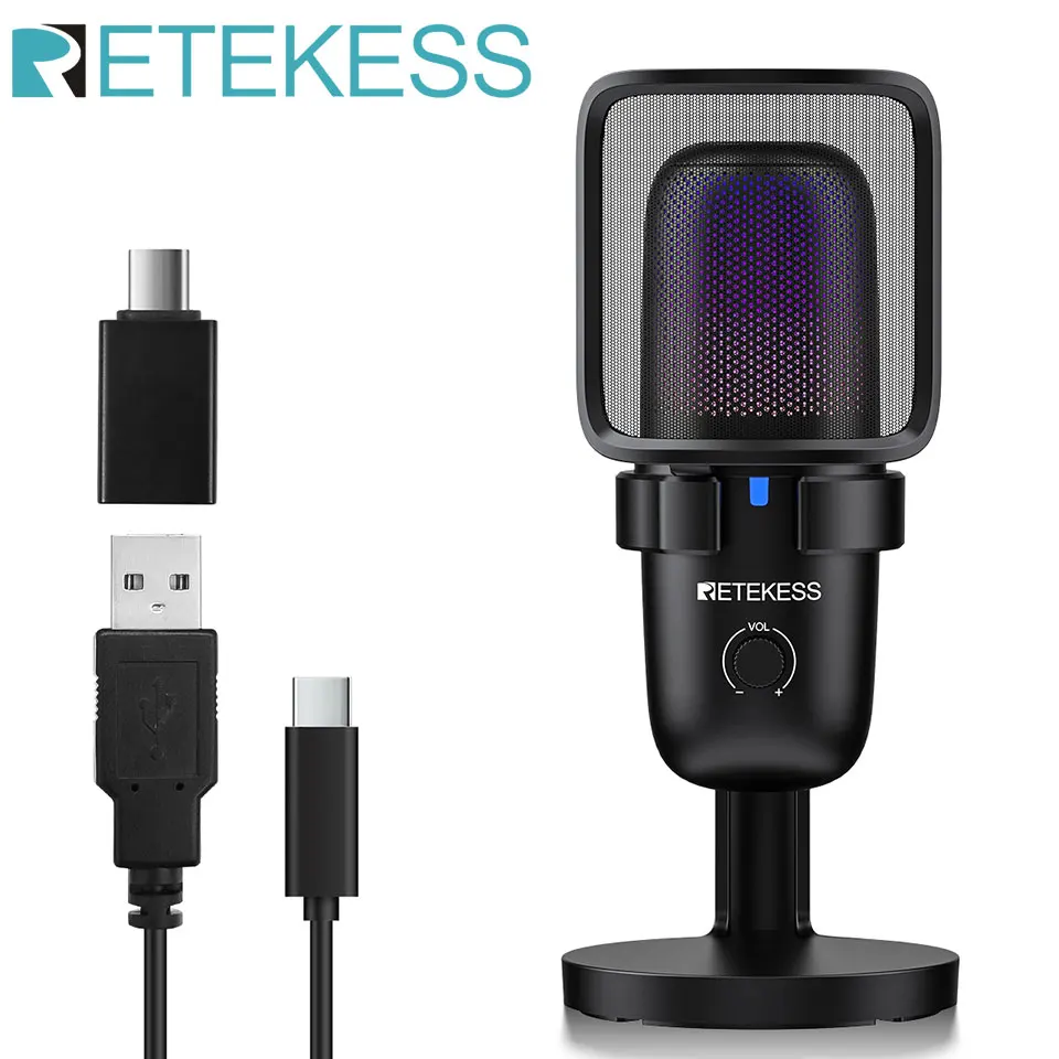 Retekess TG201 MIC Gaming Microphone RGB Breathing Light Adjustable Angle Occasions Compatibility for Record sing Live streaming