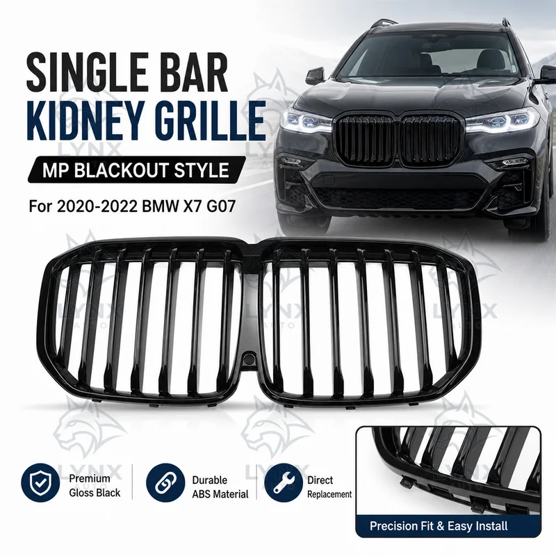 For 2020-2022 BMW X7 G07 Single Line Gloss Black MP Blackout Style Single Bar Front Kidney Grille Direct Replacement