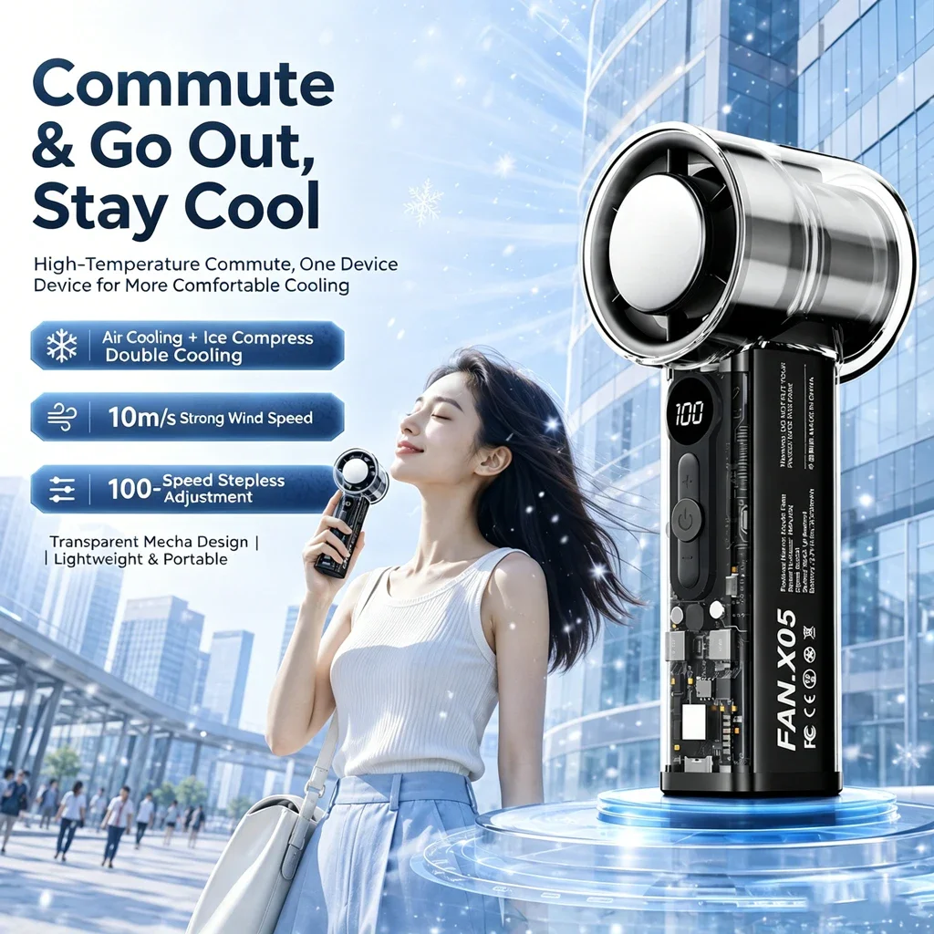 

New Outdoor Fan Cooling Handheld Fan Semiconductor Refrigeration High-speed Handheld Electric Fan 3000mAh Portable Rechargeable
