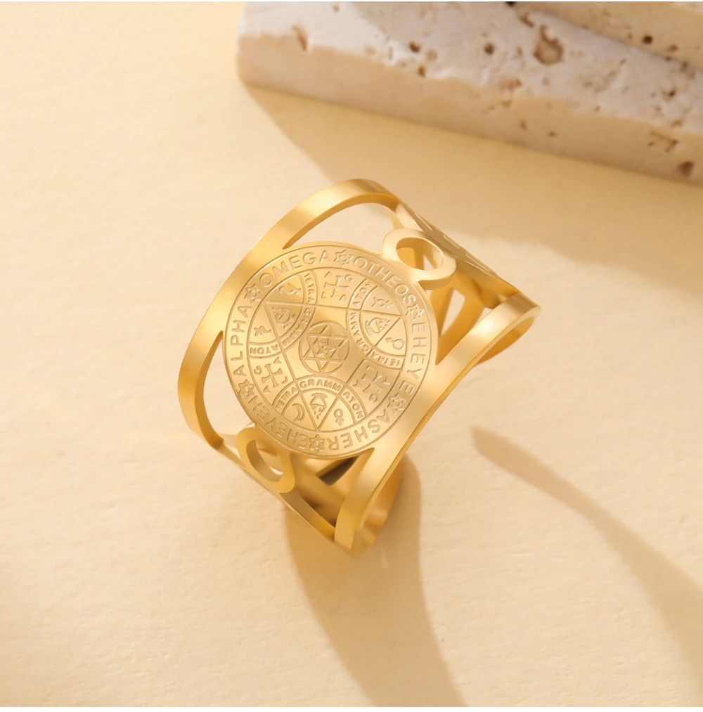 COOLTIME Engel Siegel Offene Ringe Edelstahl Vintage Magischer Schutz Amulett Hexagramm Ring Schmuck Geschenk – Detail 9