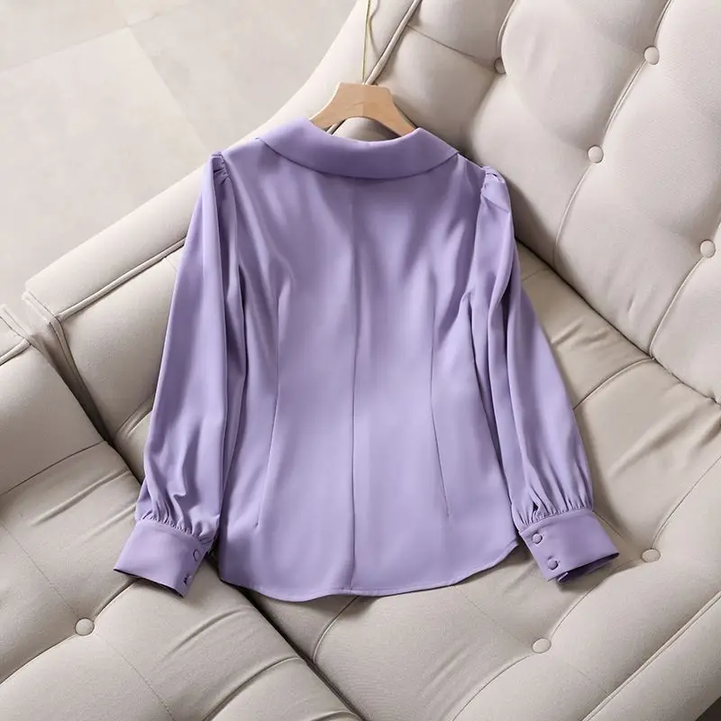 Temperament Mode Sping Neue Chiffon Shirts Frauen Solide Polo-Neck Einreiher Raffen Französisch Stil Puff Sleeve Lose Tops