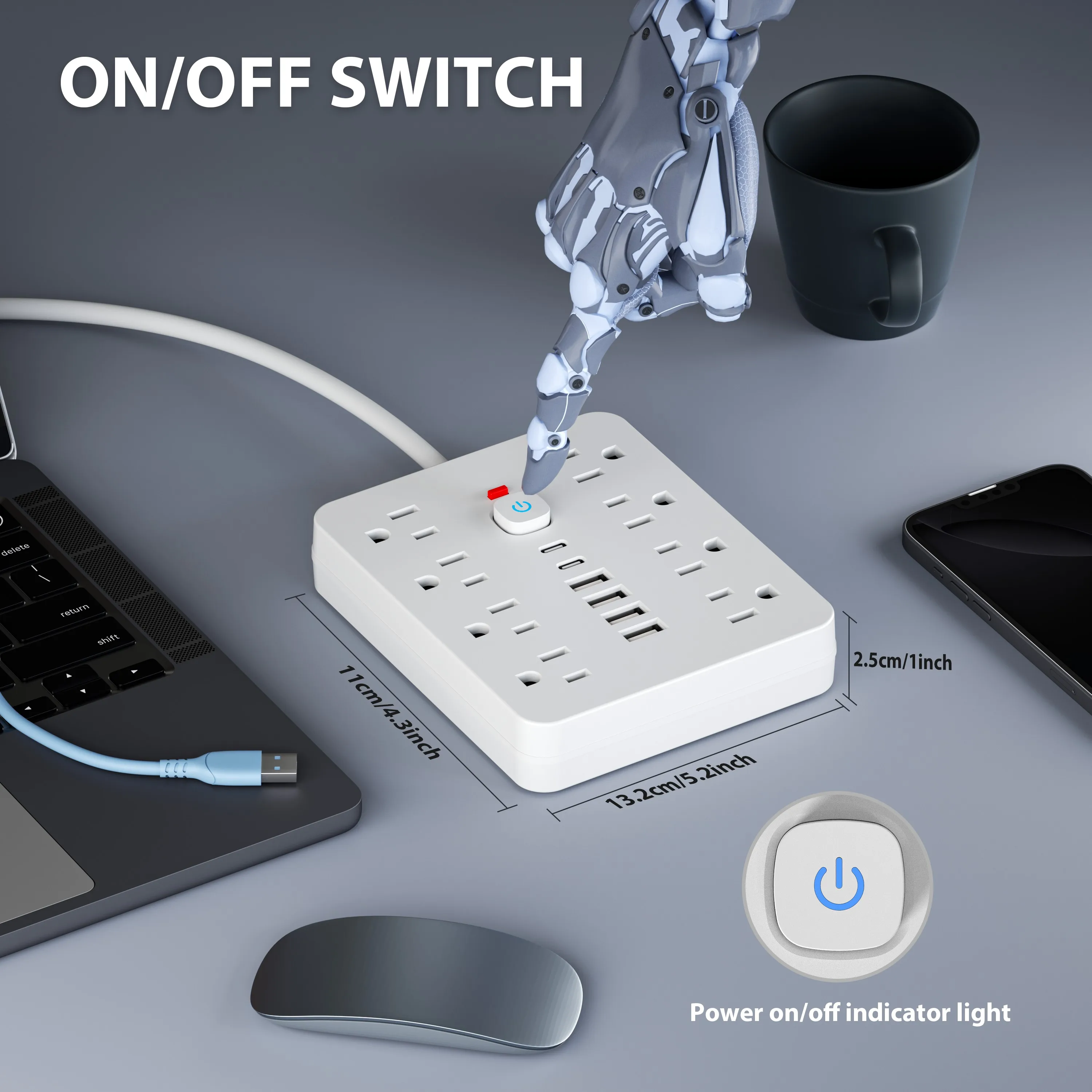 قطاع طاقة للحماية من زيادة التيار مع مفتاح - 8 منافذ تيار متردد و6 منافذ USB (بما في ذلك 2 USB-C) وسلك 5 أقدام/10 أقدام