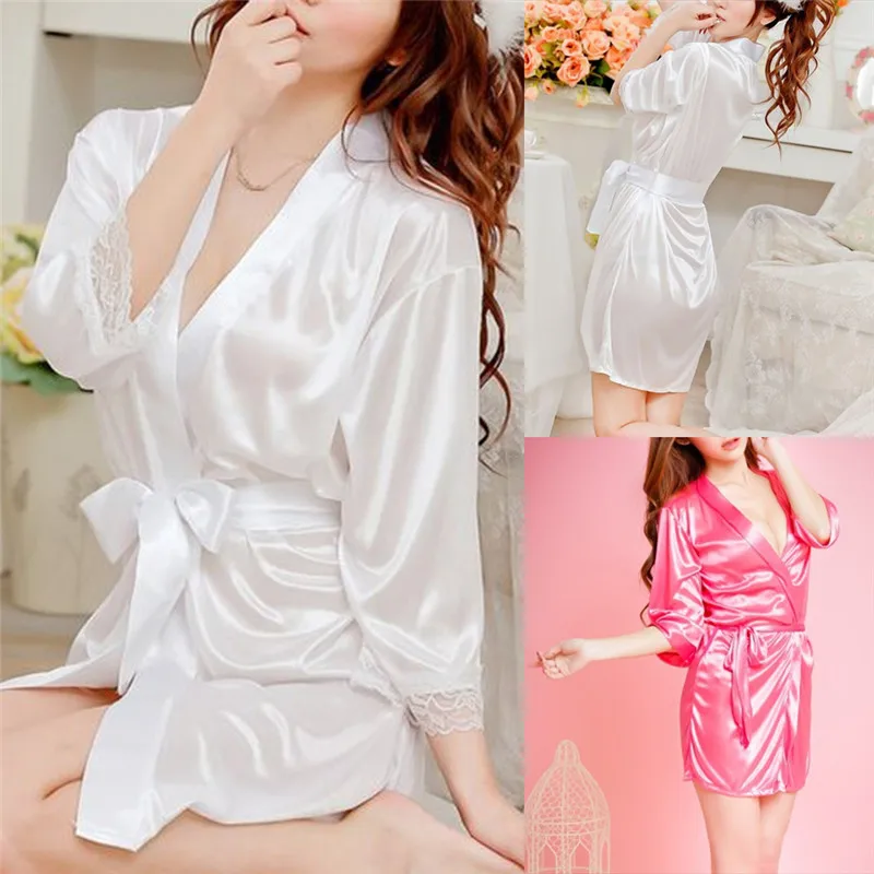 Sexy Large Size Sexy Satin Night Robe Lace Bathrobe Perfect Wedding Bride Bridesmaid Robes Dressing Gown For Women Sleep