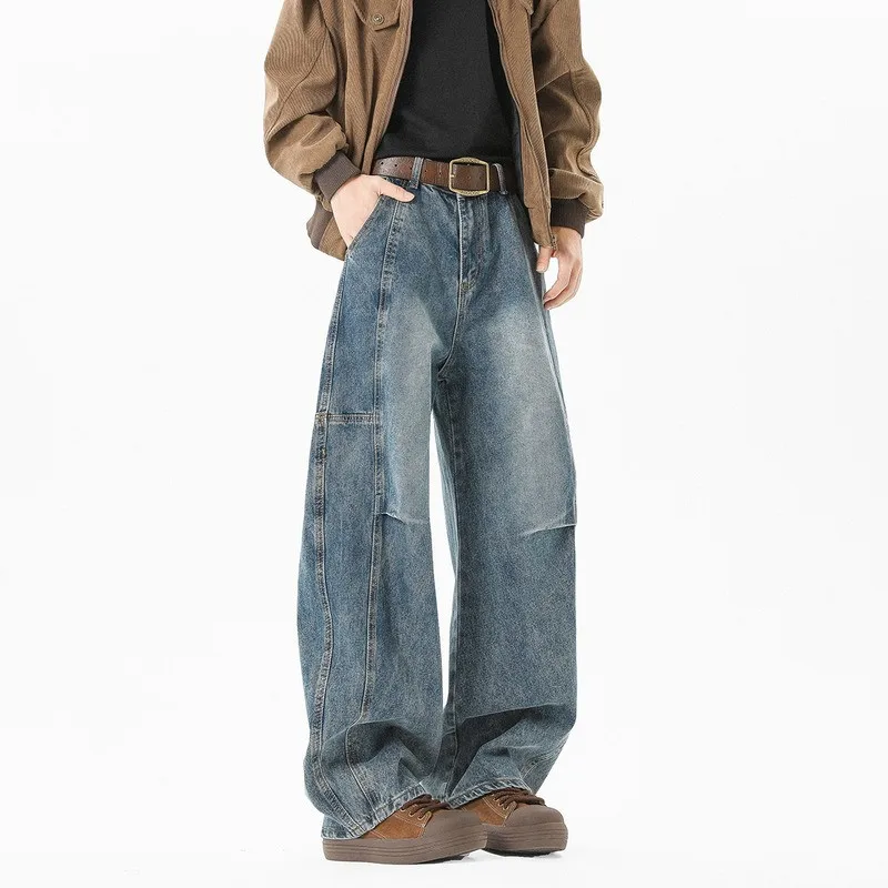 

Jeans Men Korea Retro Blue Pleated Pants For Women Loose Straight Pants Wide Leg Pants Casual Floor Pants Hip-Hop Pants