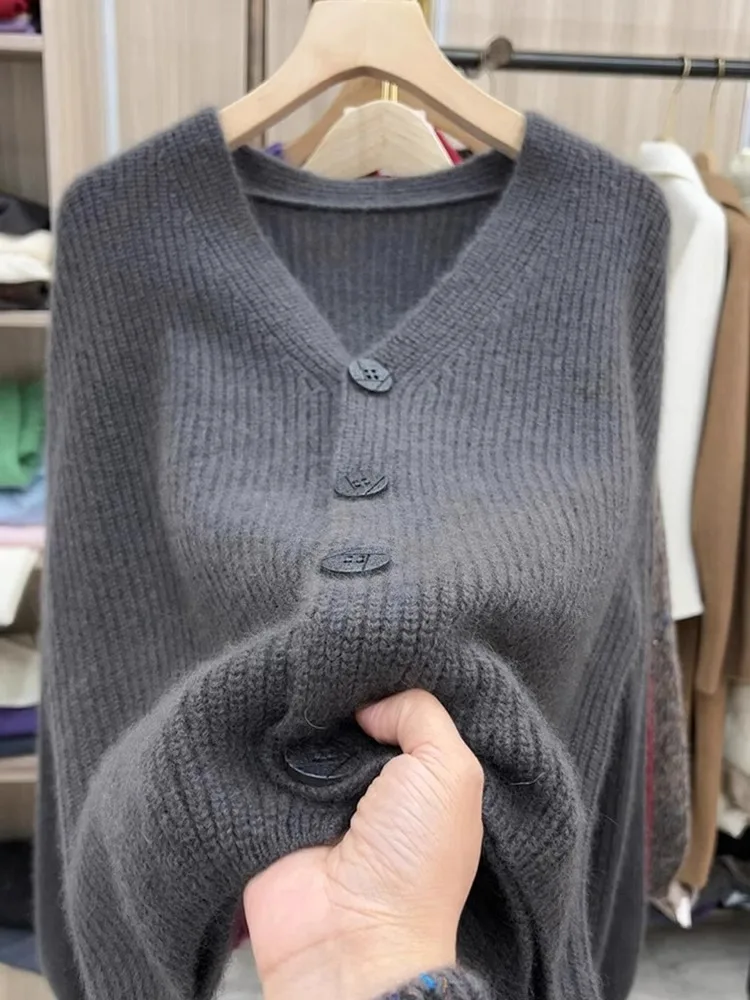 

Retro Casual Knitted V-Ne Long Sve Sweater Women's Faionable European Design Open Cardigan Comfortable Loose Fit Winte...