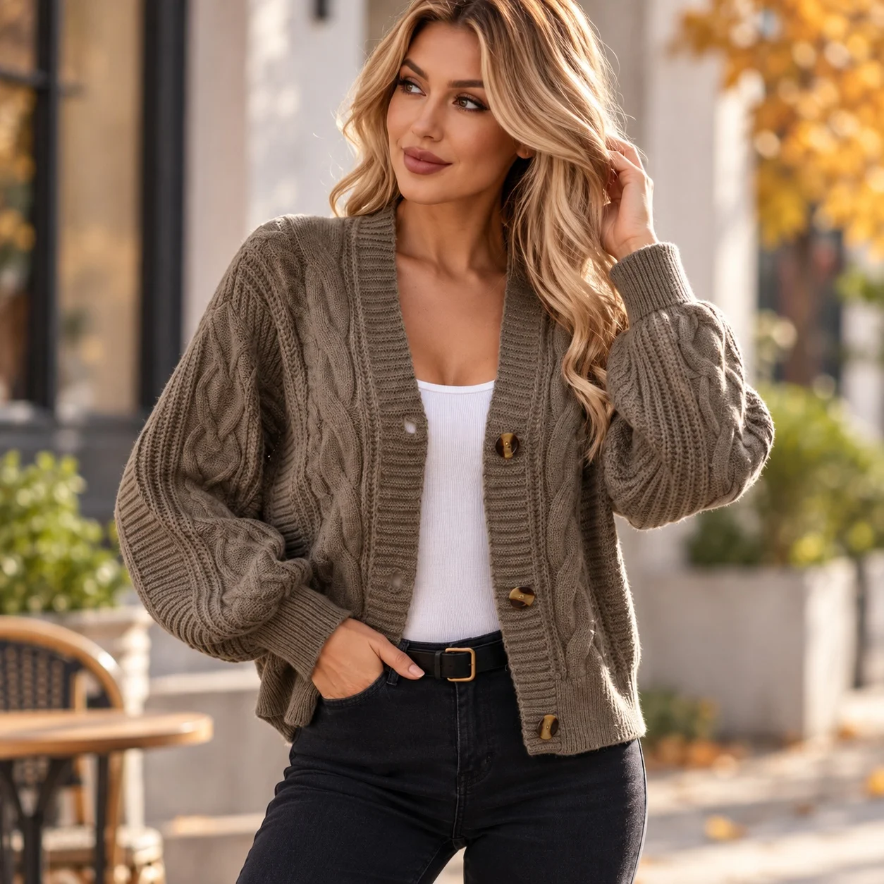 Button Front Loose Fit Sweater Regular Length Streetwear with Autumn High Temperature Setting Long Sleeve V Neck Women Sweater