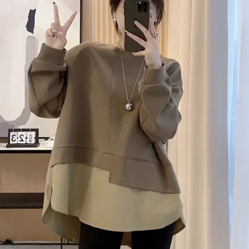 

Женская толстовка в корейском стиле на весну и осень, средней длины, искусственный комплект из двух предметов, облегающий модный стильный универсальный повседневный топ