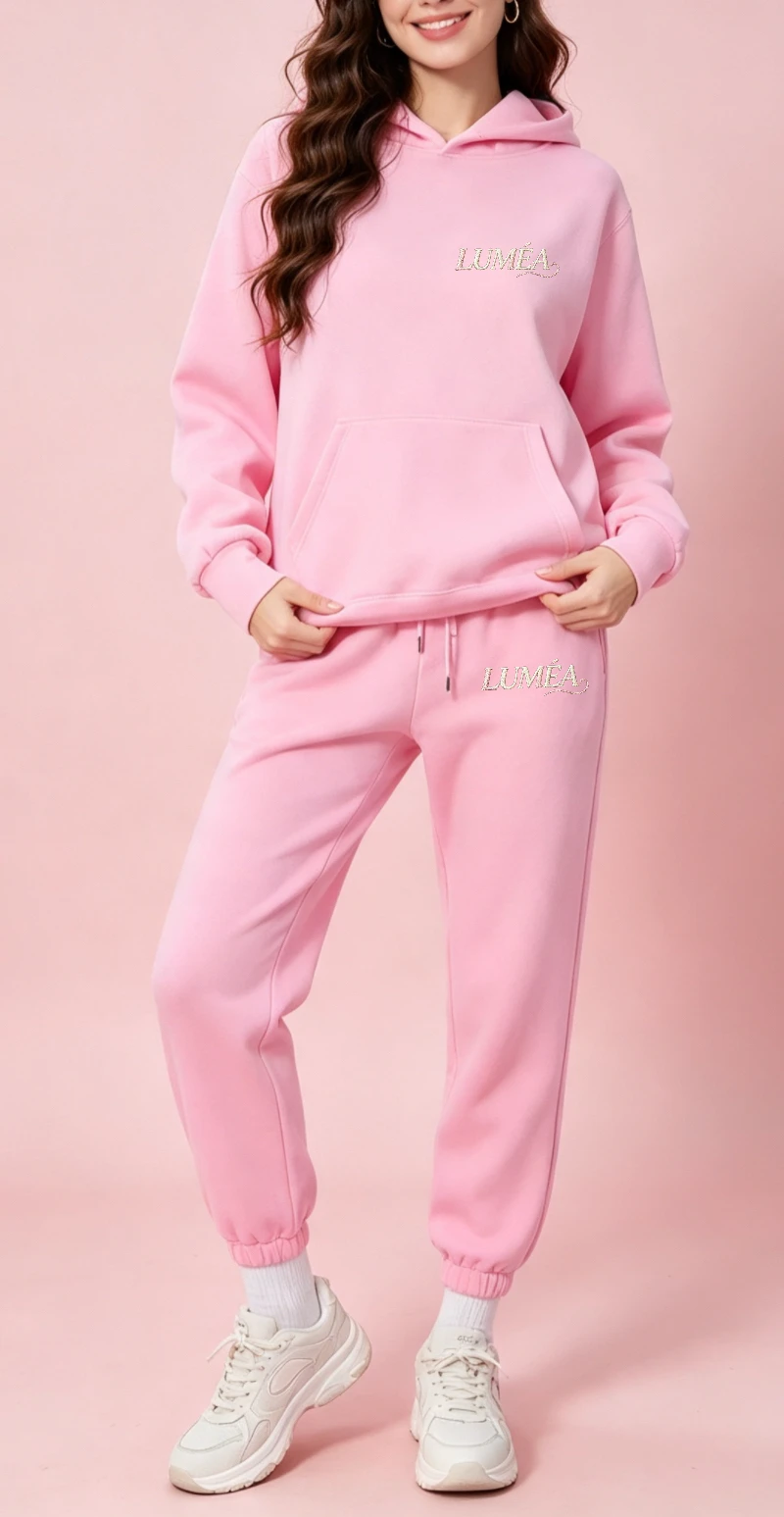 Autumn and Winter Loose Women's Sports Suit Solid Color Printed Long-sleeved Hooded Sweat Two-piece Set
