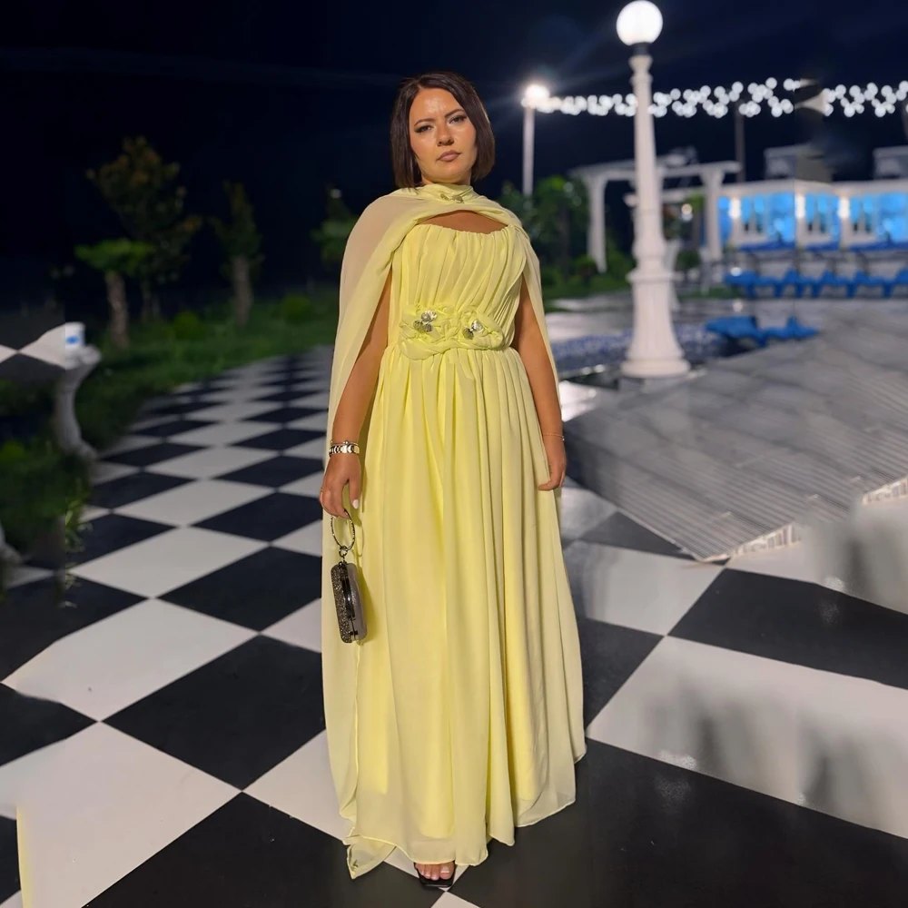 

Chiffon Evening Dresses Women Elegant Strapless A Line Flowers Prom Dress With Long Cape Prom Party Gown Floor Length Customized
