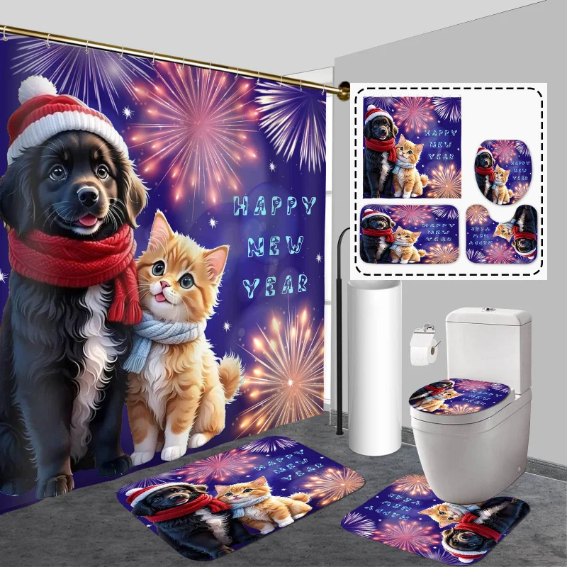 4pcs Nunoshin Happy New Year Dog & Cat Fireworks Shower Curtain Set, Water-Resistant Polyester Bath Decor, Non-Slip Knit Rugs, T