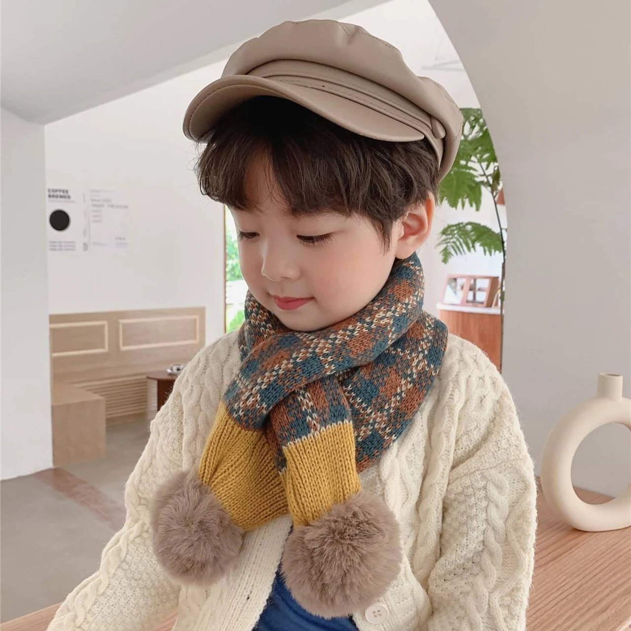 شتاء دافئ موضة منقوشة مخطط الاطفال وشاح يندبروف الأطفال مكافحة البرد عبر منديل في الهواء الطلق الطفل غطاء للرقبة Pompom وشاح #4