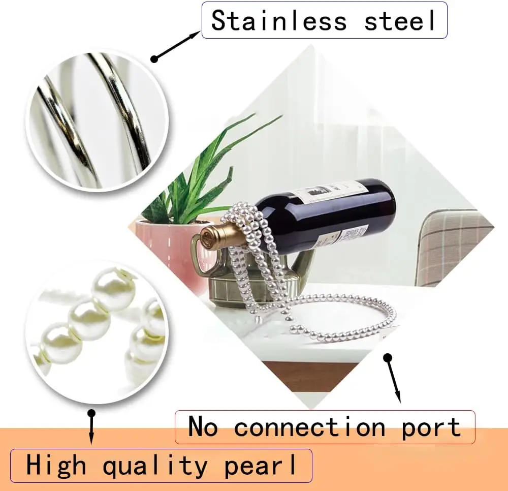 DEOUNY Artificial Pearl Necklace Floating Wine Rack Metal Wine Bottle Holder, Wine Bottle Stand for Bar and Home Decoration 5