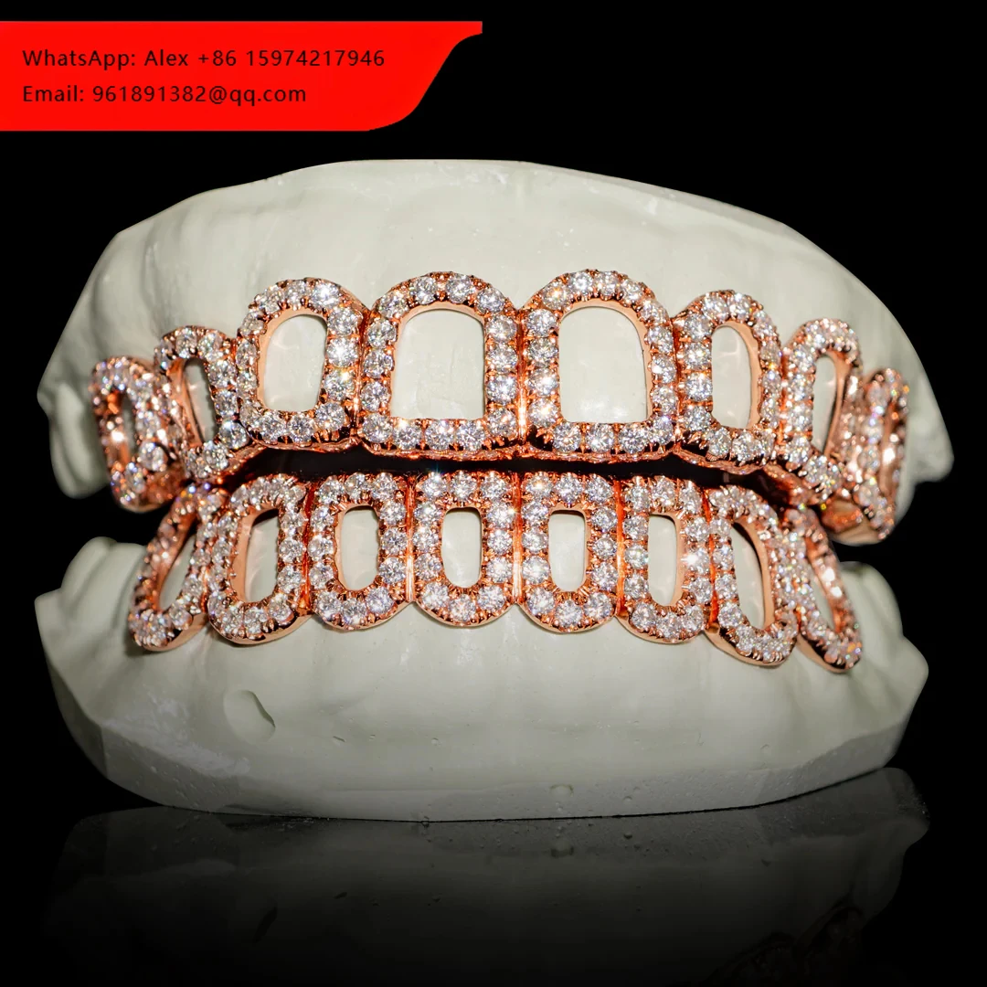 

Custom S925 Silver 10K 14K 18K Solid Gold Round Cut VVS Moissanite Lab Diamond Open Face Regular Cut Teeth Grillz For Men Women