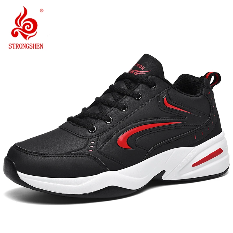 STRONGSHEN Men Leather Sneakers Outdoor Casual Platform Warm Running Sports Shoes Comfortable Athletic Training Jogging Shoes