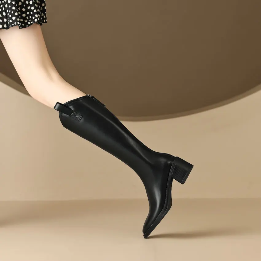 Dilalula 2025 Elegant Women Knee-High Boots Motorcycle Zipper Square Med Heels Genuine Leather Shoes Woman Size 34-39