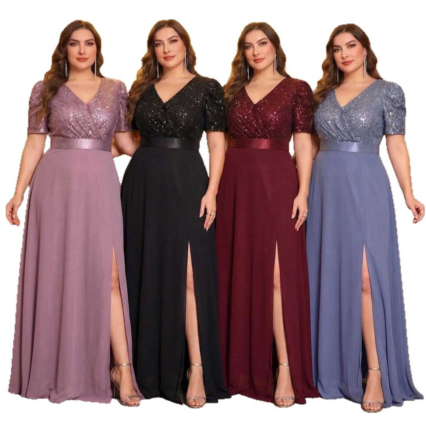 Ladies Multi Tone Glitter Mesh Bodice V Neck Bubble Short Sleeve Satin Waistband High Split Skirt African Church Evening