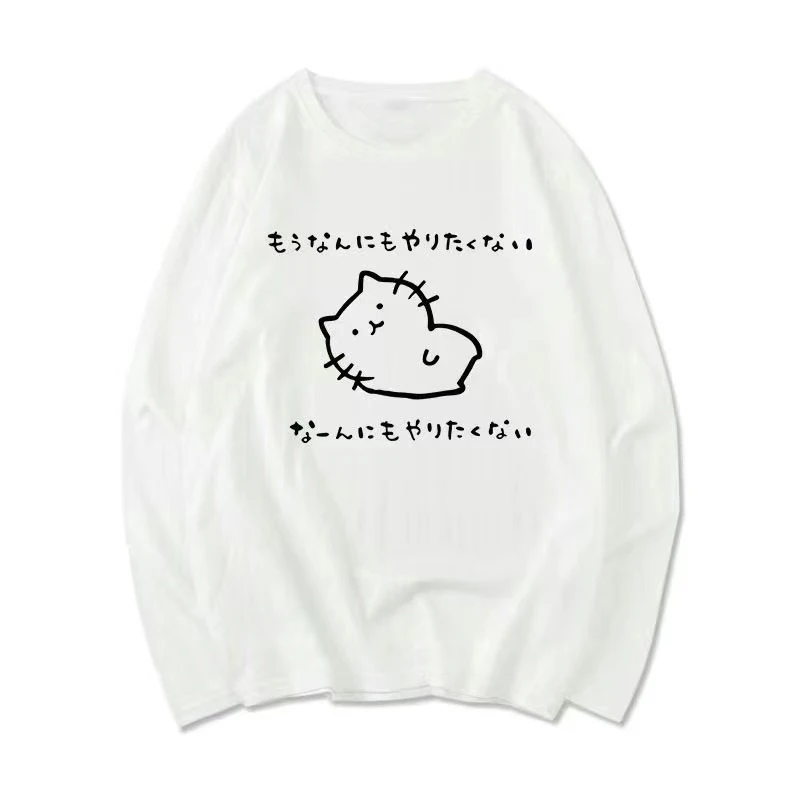 Japanese Women's Long-sleeved Shirt Fun Kaomoji Print Cartoon Cat Couple Wear Men and Women Street Loose Casual Oversize Clothes