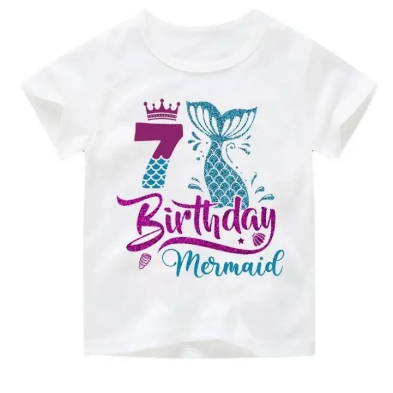 Top de impressão gráfica infantil sereia, camiseta de aniversário, camiseta princesa, roupas Harajuku, roupas kawaii, tops bonitos, Age4-9