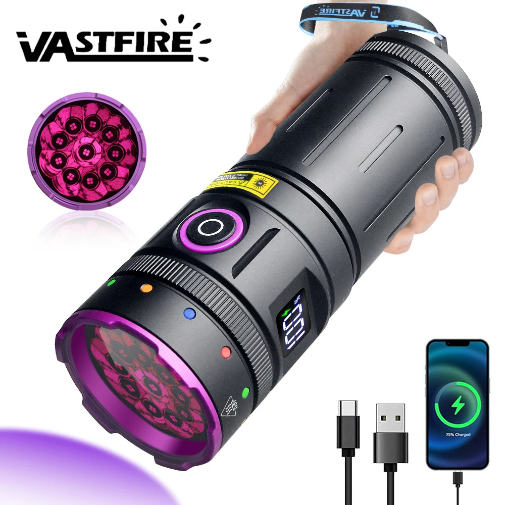 

10x светодиодный 365 нм УФ-фонарик высокой мощности, черный фонарь из алюминиевого сплава, USB перезаряжаемый светильник для мочи домашних животных, пятна скорпиона, деньги